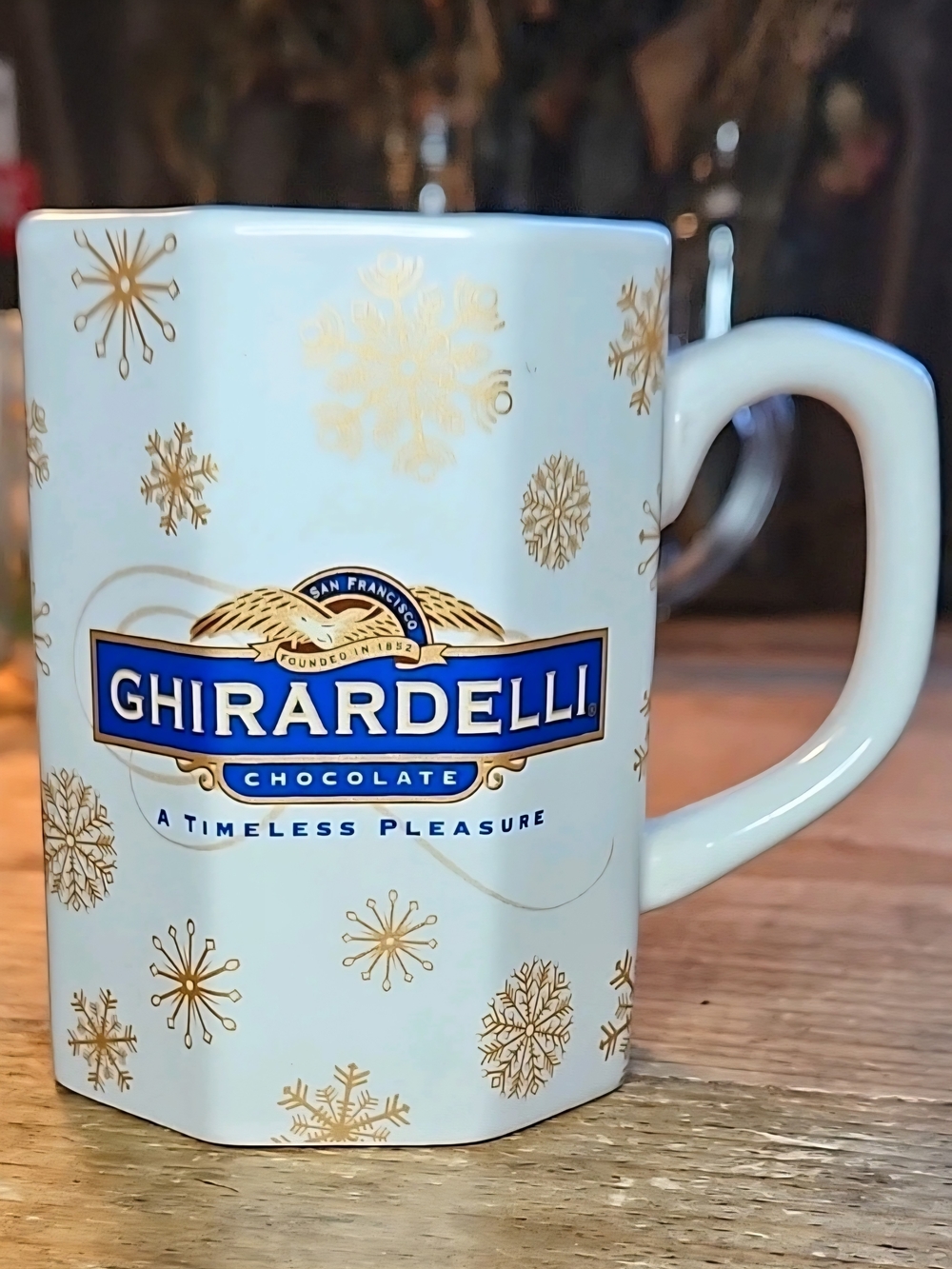 VTG Ghirardelli 90s White Mug Gold Tone Snowflake Design "A Timeless Pleasure"